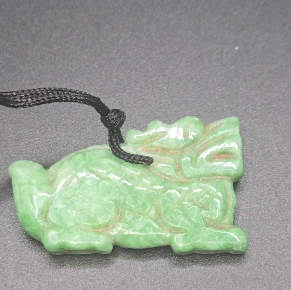 Carved Green Jade Dragon Pendant 2" Chinese Symbolic Amulet Necklace
